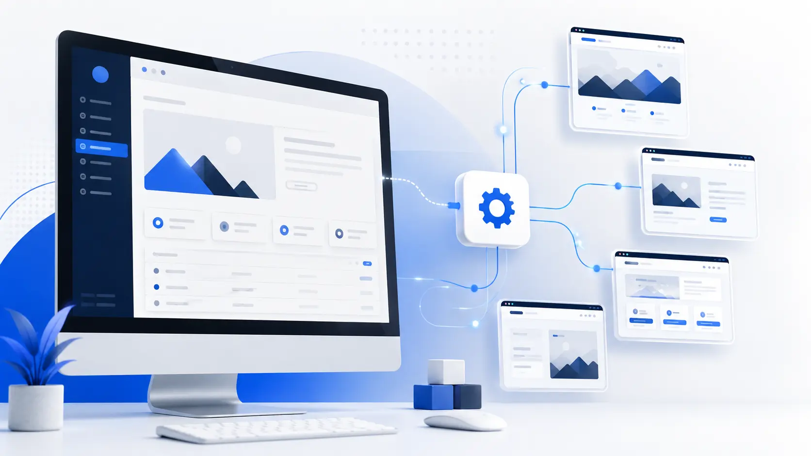 Computerbildschirm mit einem WordPress-ähnlichen Dashboard. Daneben mehrere automatisch verbundene Webseiten-Vorschauen als Symbol für die automatische Erstellung von Website-Screenshots.