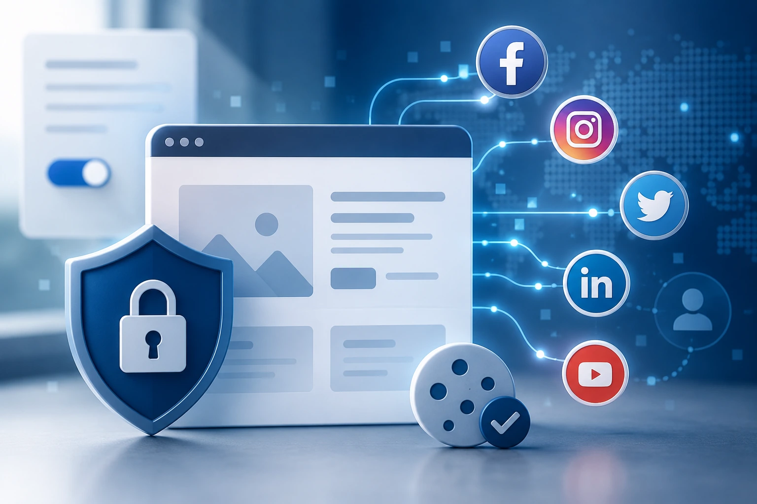 Abstrakte Website-Oberfläche mit Social-Media-Symbolen, Datenverbindungen und Datenschutzschild als Hinweis auf externe Dienste.