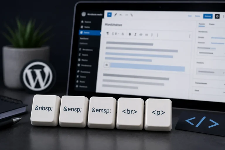 WordPress-Editor auf einem Laptop mit HTML-Symbolen für Leerzeichen und Zeilenumbrüche im Vordergrund.